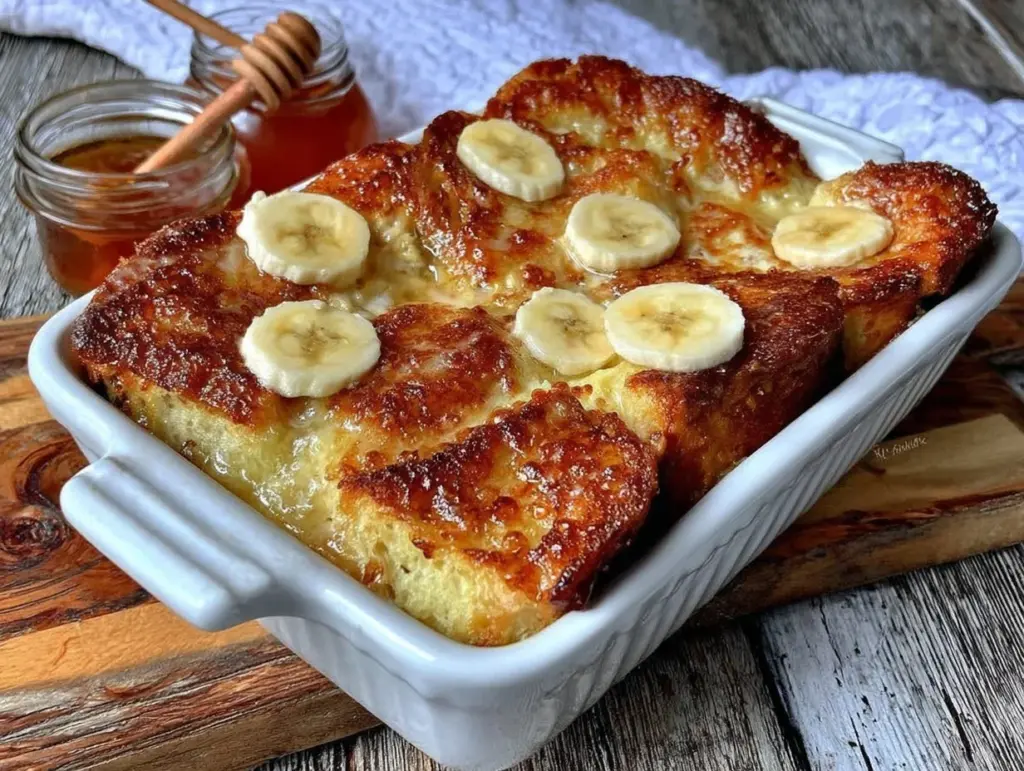 banana croissant French toast casserole - featured image