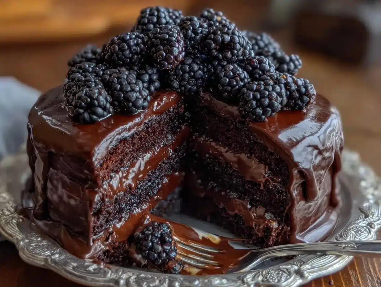 Decadent Blackberry Velvet Cake Recipe with Easy Dark Chocolate Ganache 4 blackberry velvet cake recipe preparation steps