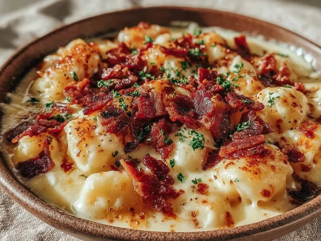 creamy bacon cheddar gnocchi soup - featured image