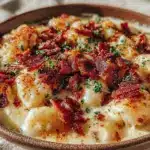 creamy bacon cheddar gnocchi soup - featured image