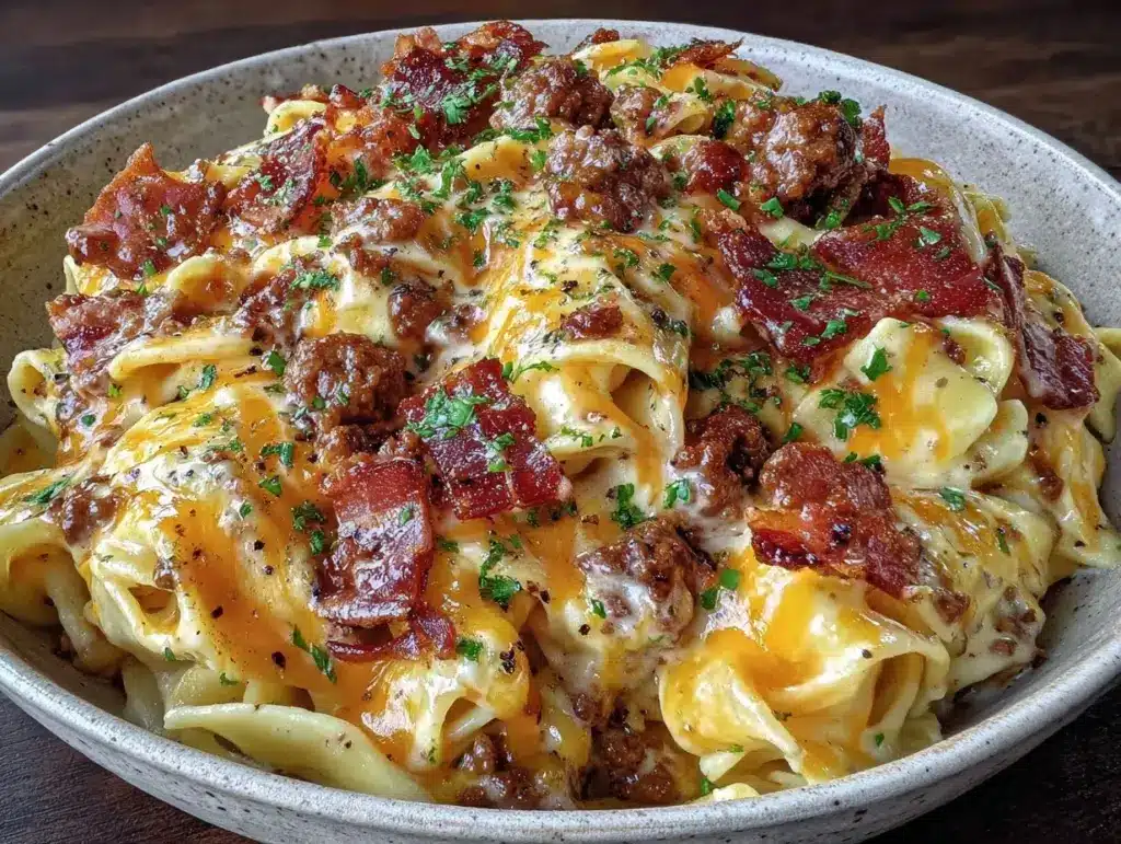 creamy bacon cheeseburger alfredo pasta - featured image