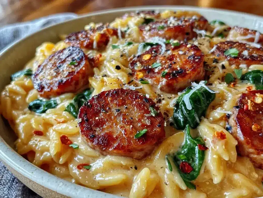 creamy chicken sausage orzo skillet - featured image