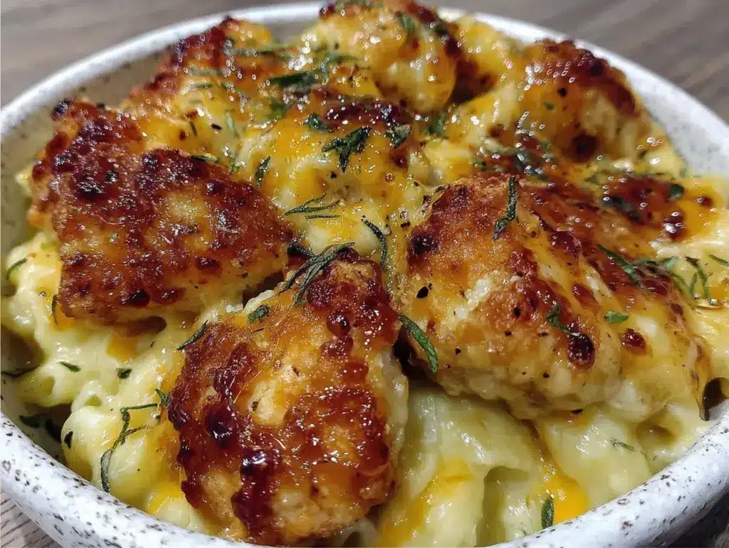 creamy honey pepper chicken mac and cheese - featured image