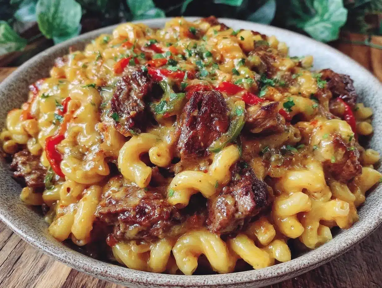 Creamy Philly Cheesesteak Mac Recipe Easy High Protein Dinner Idea 4 creamy philly cheesesteak mac preparation steps