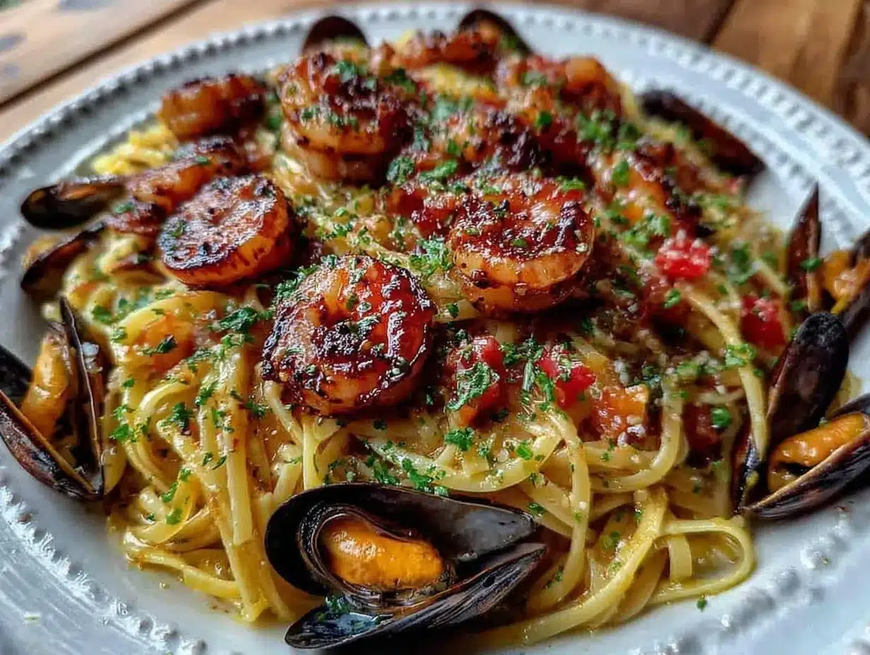 Creamy Seafood Linguine Delight with Shrimp and Mussels Recipe Easy Homemade Dinner 4 creamy seafood linguine preparation steps