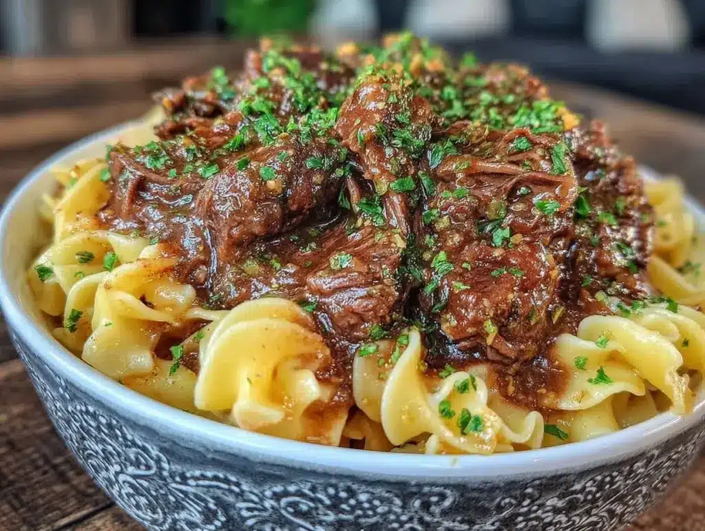 creamy slow cooker beef and noodles - featured image