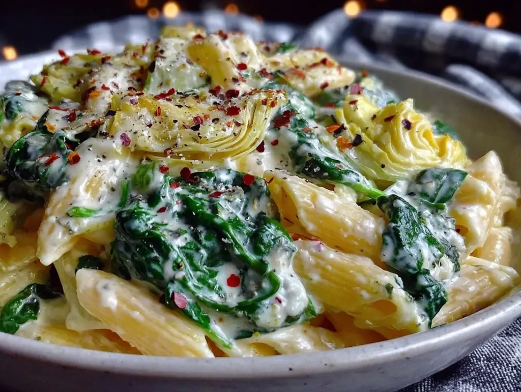 creamy spinach artichoke pasta - featured image