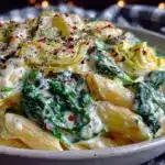 creamy spinach artichoke pasta - featured image