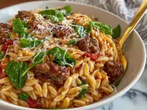 Home 6 creamy tomato sauce ground beef orzo dinner - featured image