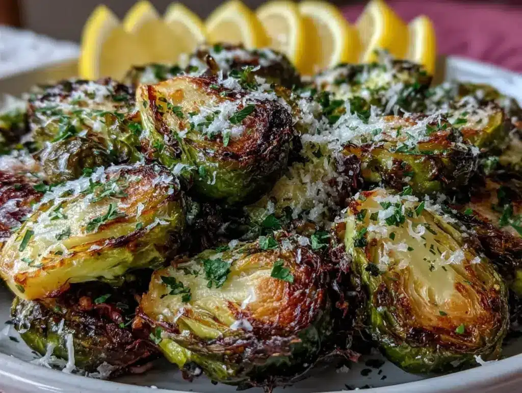 crispy garlic butter roasted brussels sprouts - featured image