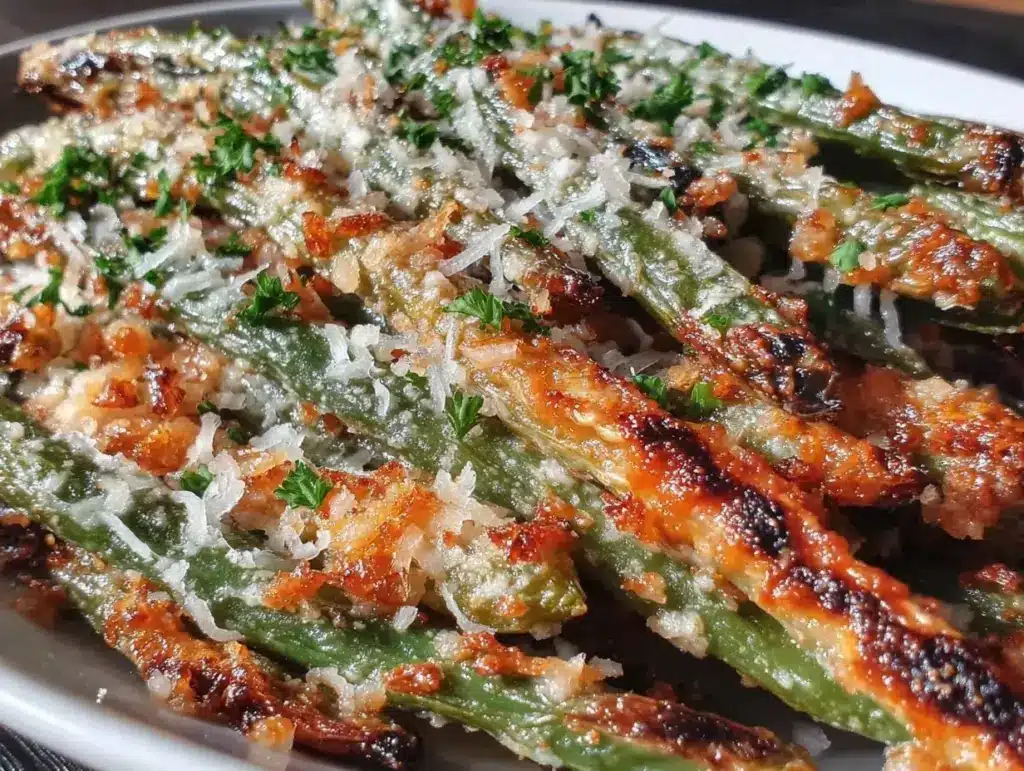 crispy garlic parmesan roasted green beans - featured image