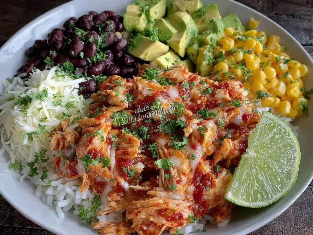 easy healthy crockpot chicken burrito bowl - featured image