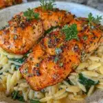 easy seared salmon with lemon orzo - featured image