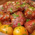 garlic butter beef bites with potatoes - featured image