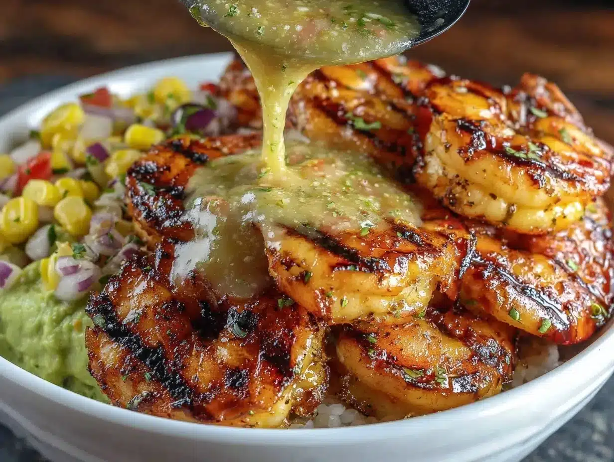 Flavorful Grilled Shrimp Bowl Recipe with Avocado Corn Salsa and Creamy Garlic Sauce 4 grilled shrimp bowl preparation steps