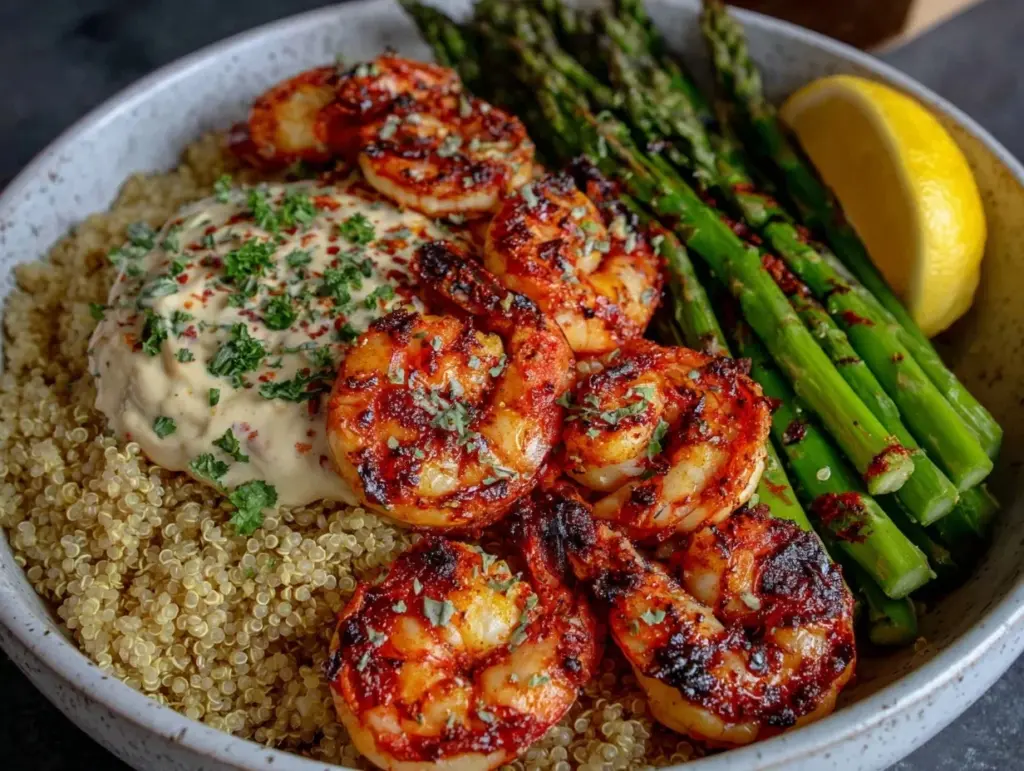 healthy grilled shrimp bowl - featured image