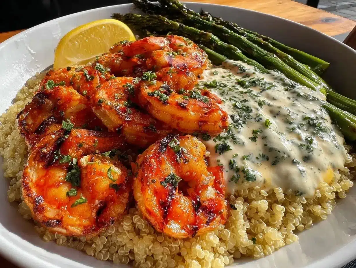Healthy Grilled Shrimp Bowl Recipe with Asparagus and Garlic Sauce Easy Steps for Perfect Flavor 4 healthy grilled shrimp bowl preparation steps