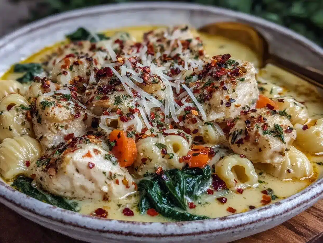 Creamy Chicken Pasta Soup with Spinach Recipe Ready in 30 Minutes Easy and Delicious 4 creamy chicken pasta soup with spinach preparation steps