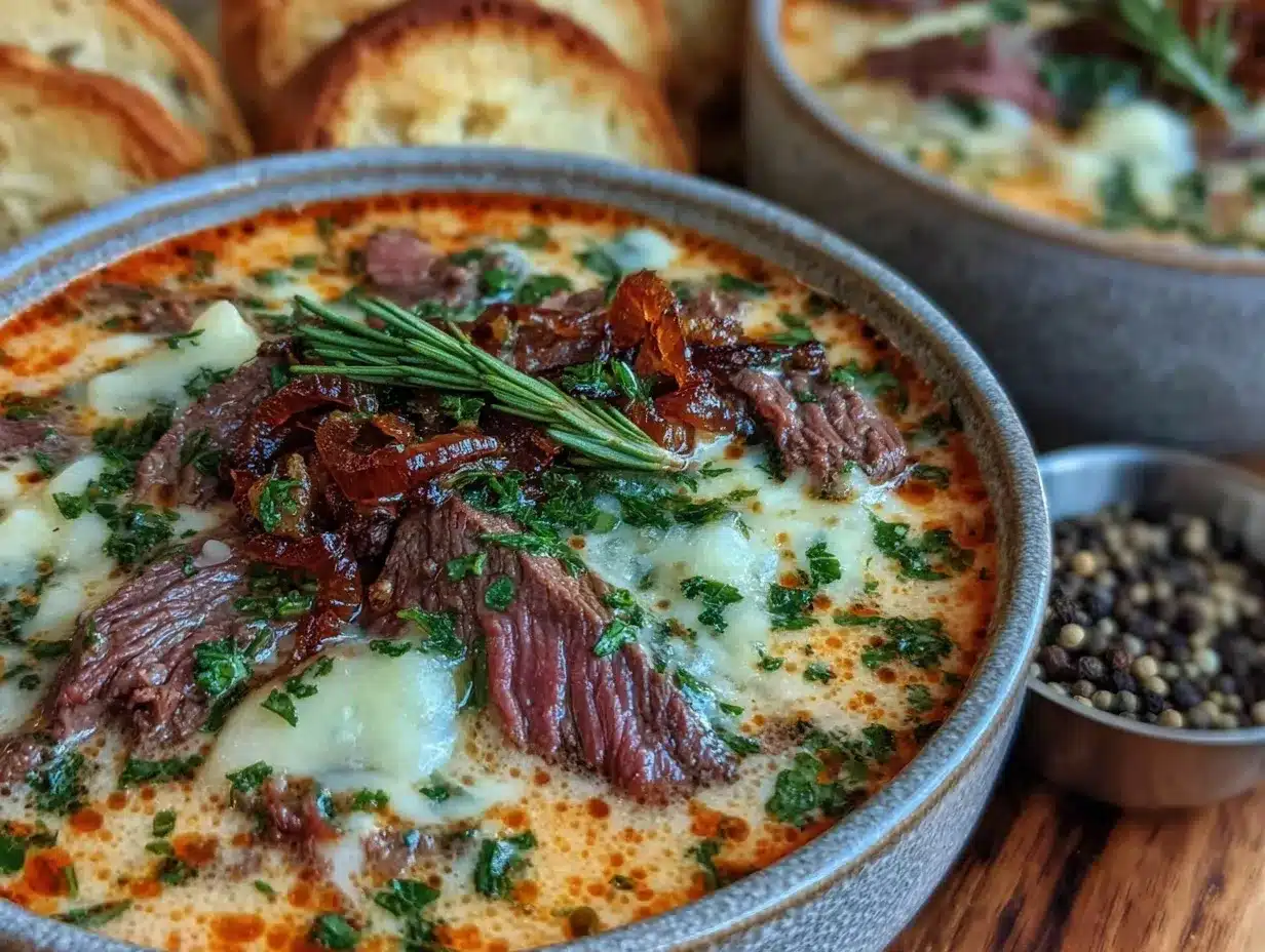 Creamy Philly Cheese Steak Soup Recipe Easy Cozy Comfort Meal 4 creamy philly cheese steak soup preparation steps