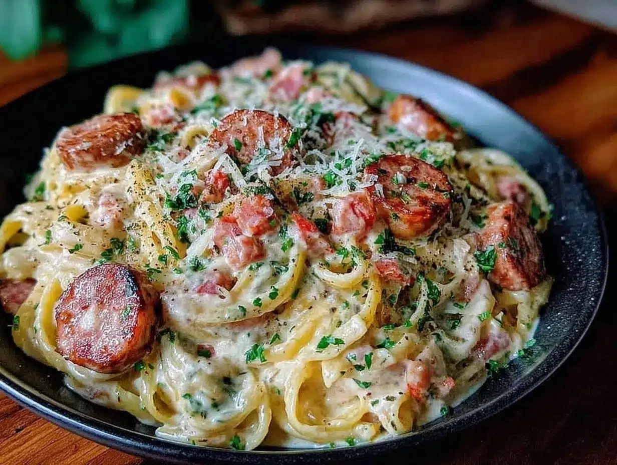 Creamy Smoked Sausage Pasta Recipe Easy Homemade Dinner with Velvety Sauce 4 creamy smoked sausage pasta preparation steps