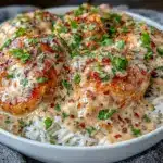 creamy smothered chicken and rice - featured image