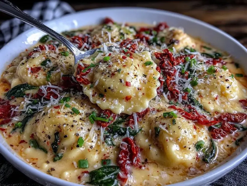 creamy Tuscan ravioli soup recipe - featured image