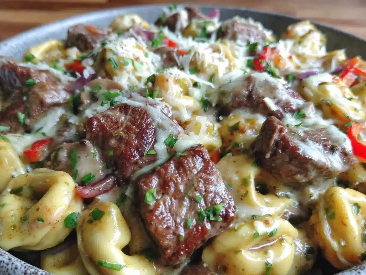 Crock Pot Cheesesteak Tortellini Recipe Easy Hearty Slow Cooker Meal 4 crock pot cheesesteak tortellini preparation steps