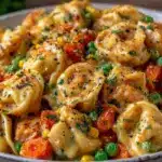 crockpot cheddar chicken pot pie tortellini - featured image