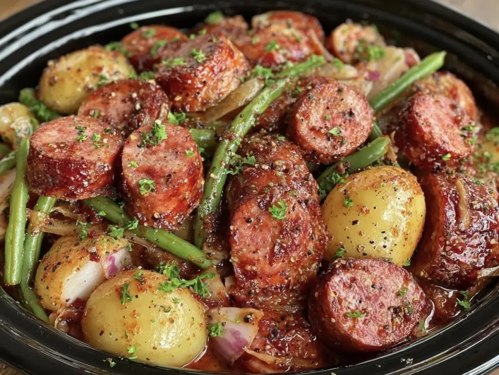 crockpot kielbasa and green beans - featured image