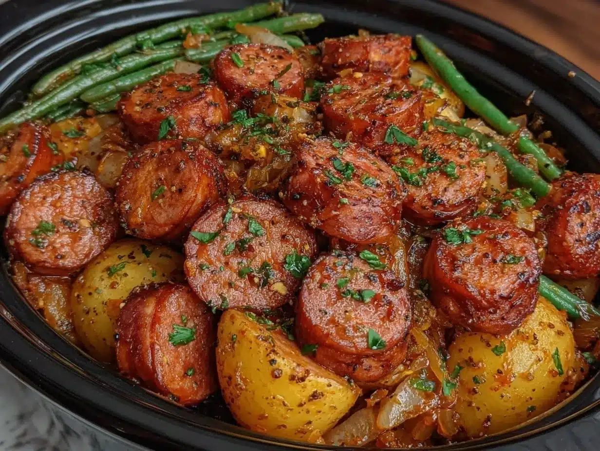 Crockpot Kielbasa and Green Beans Easy Dinner Recipe Ready in 30 Minutes 4 crockpot kielbasa and green beans preparation steps