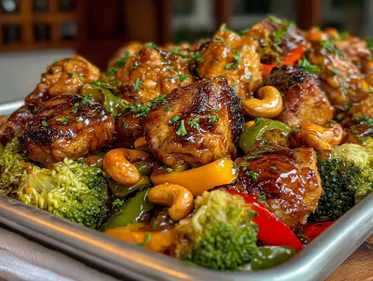 Easy Sheet Pan Cashew Chicken Recipe with Crispy Veggies in 30 Minutes 4 easy sheet pan cashew chicken preparation steps