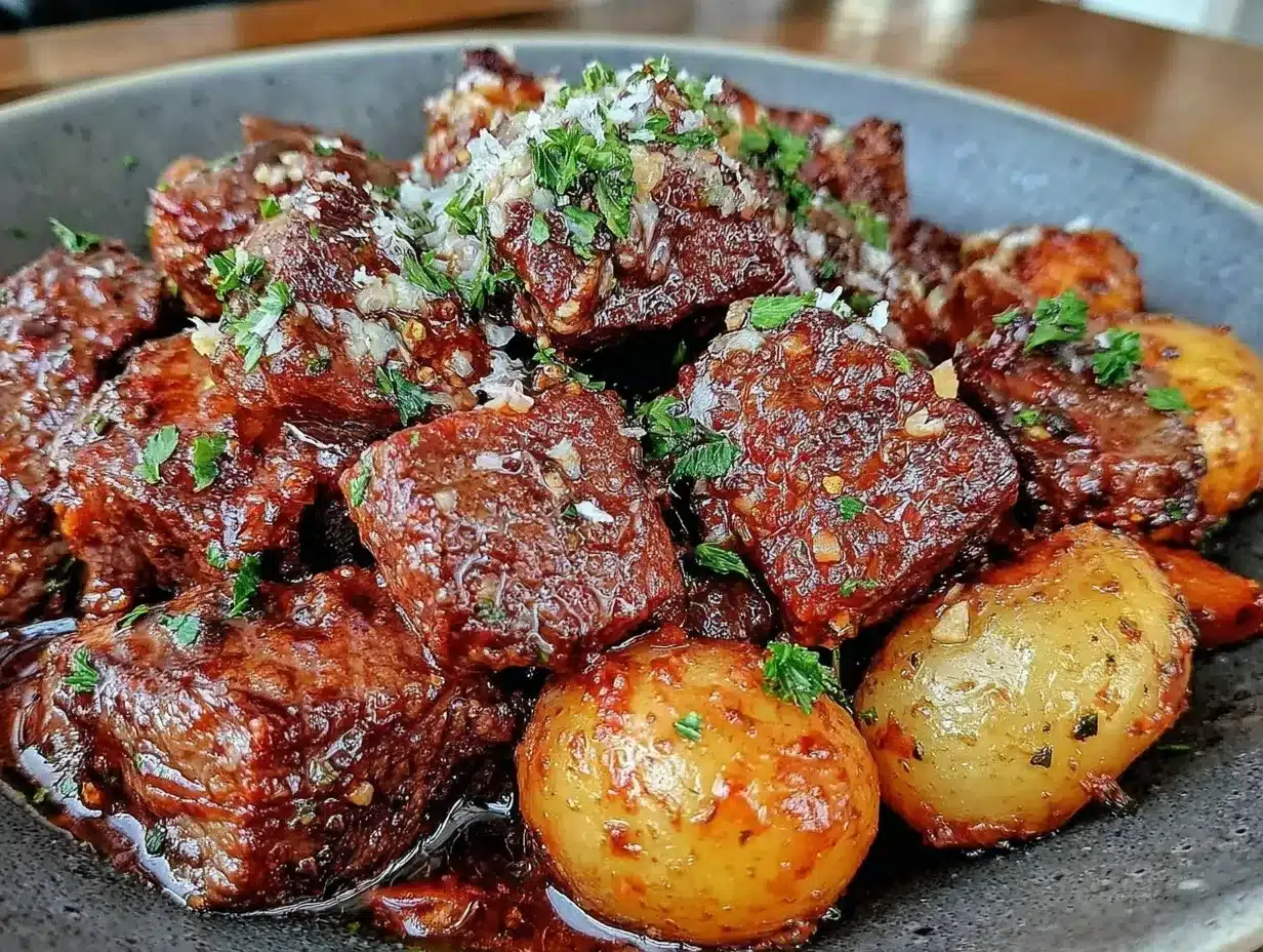 Garlic Butter Beef Bites with Potatoes Easy Slow Cooker Dinner Recipe 4 garlic butter beef bites preparation steps