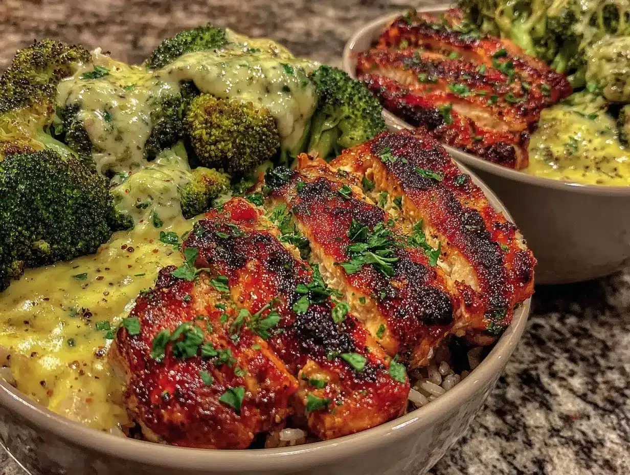 Grilled Chicken and Broccoli Bowls with Creamy Garlic Sauce Easy Recipe Ready in 30 Minutes 4 grilled chicken and broccoli bowls preparation steps