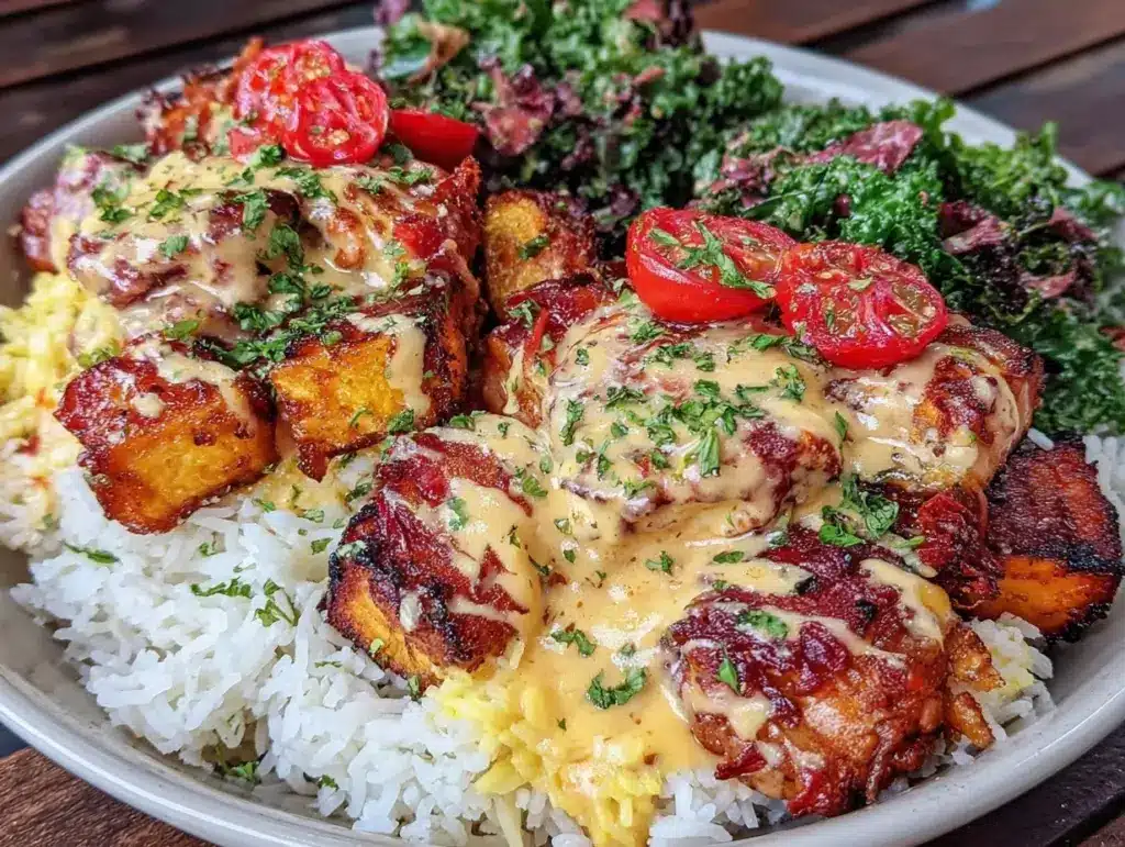 healthy chicken and sweet potato bowls - featured image