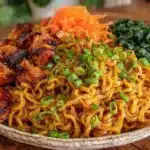 high protein sticky garlic chicken noodles - featured image