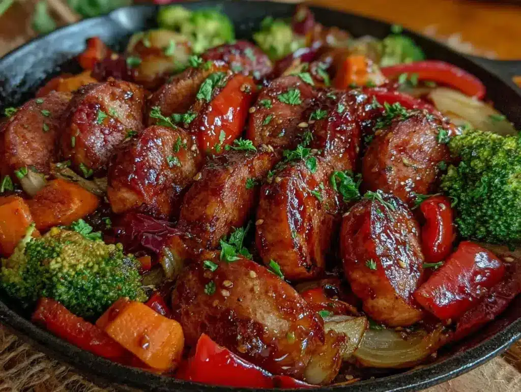 one-pan honey garlic kielbasa dinner - featured image