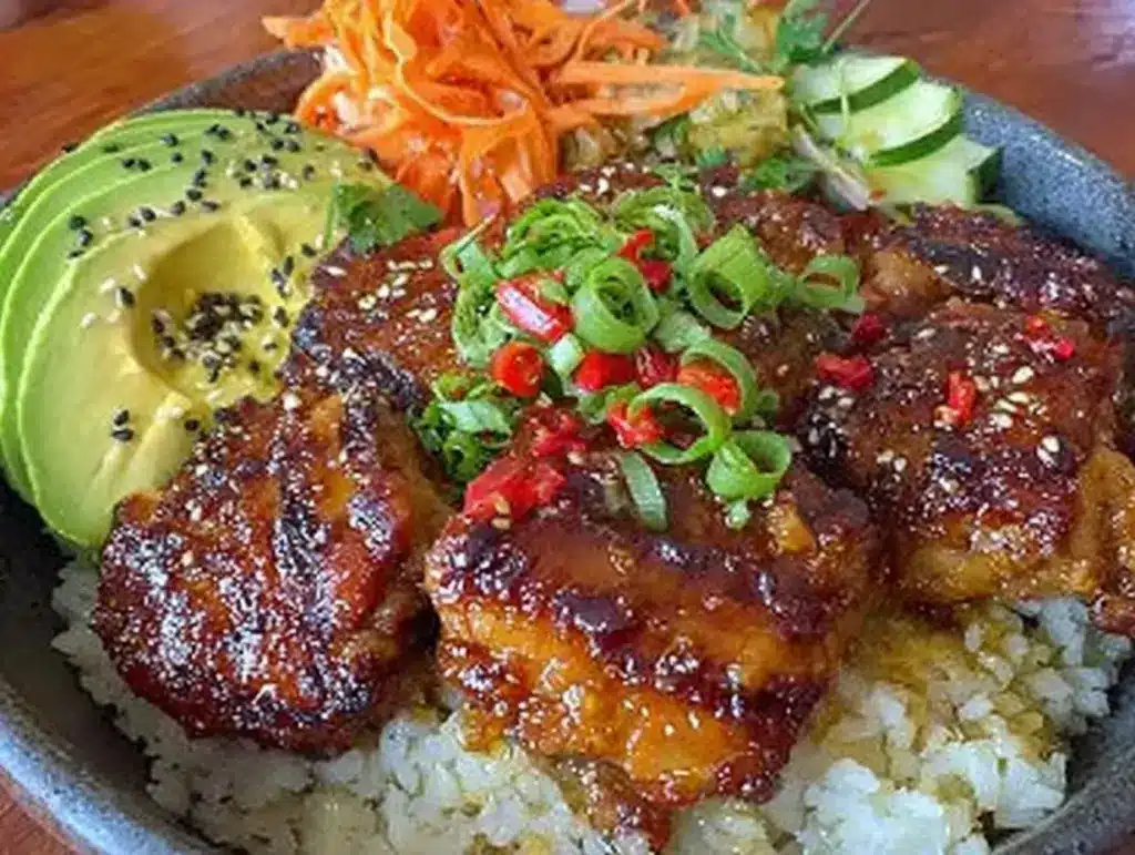 spicy maple chicken with coconut rice - featured image