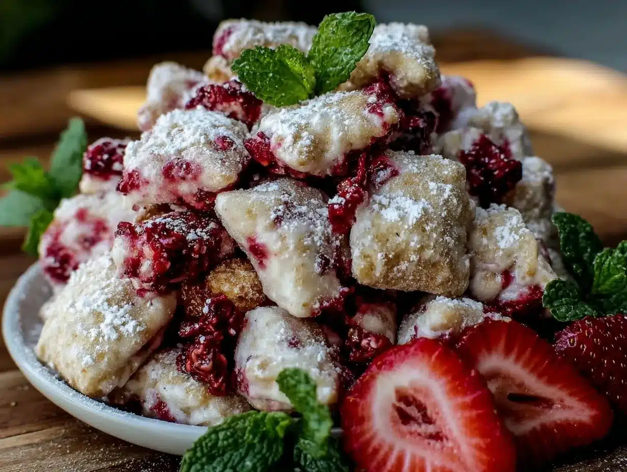 Sweet Strawberry Shortcake Puppy Chow Recipe Easy Crunchy Snack Mix 4 sweet strawberry shortcake puppy chow preparation steps