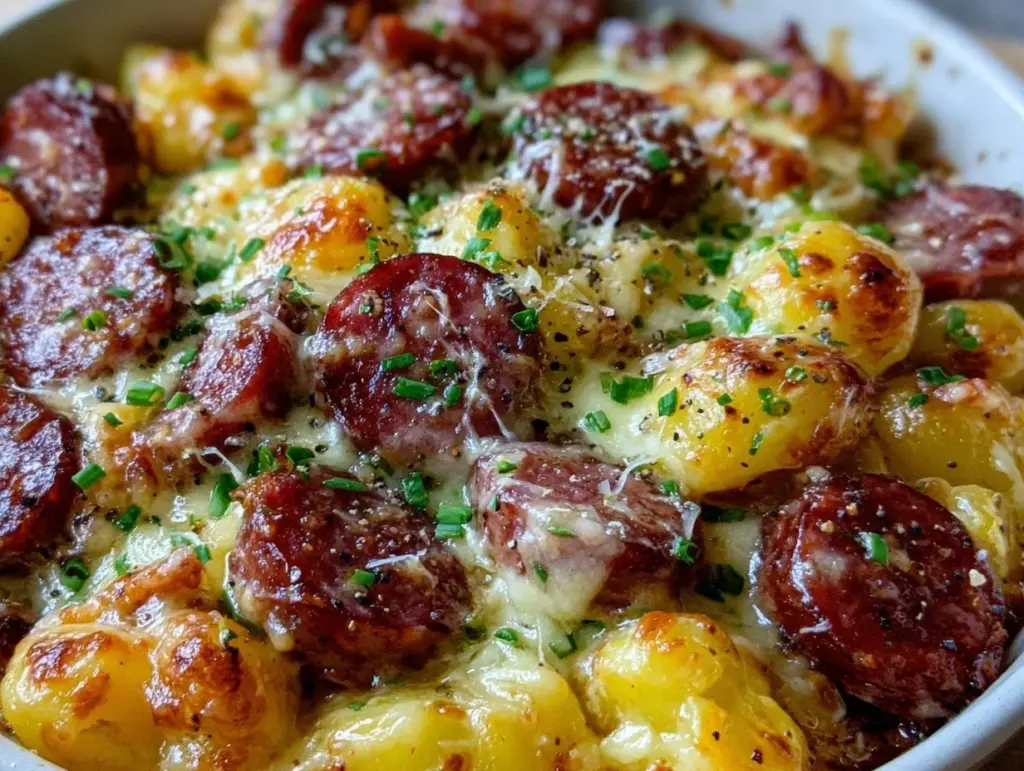 cheesy kielbasa sausage potato casserole - featured image