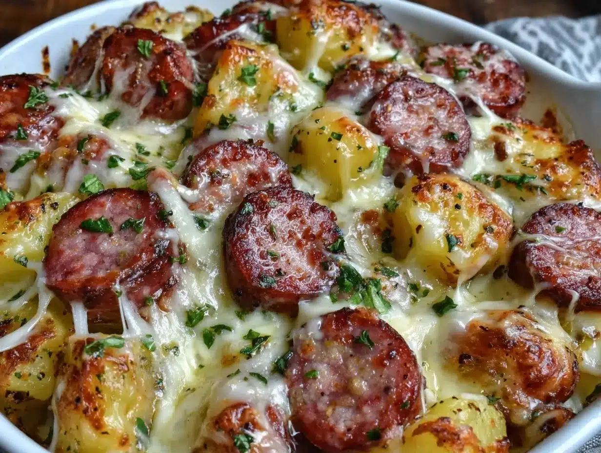Cheesy Kielbasa Sausage Potato Casserole Recipe Easy Comfort Food 4 cheesy kielbasa sausage potato casserole preparation steps