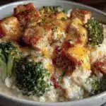 creamy crockpot broccoli cheddar chicken and rice - featured image