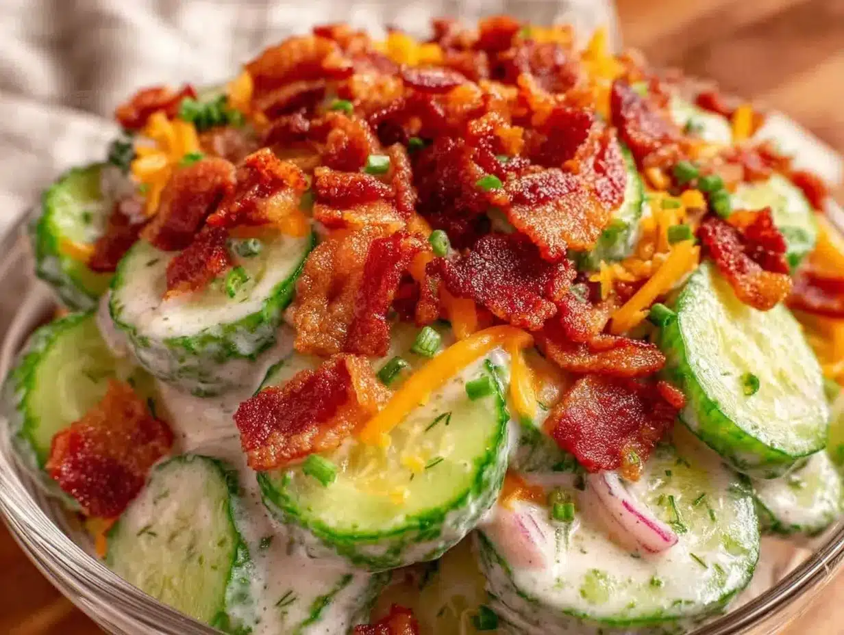 Creamy Cucumber Salad with Bacon and Cheese Easy Fresh Recipe for Summer 4 creamy cucumber salad with bacon and cheese preparation steps