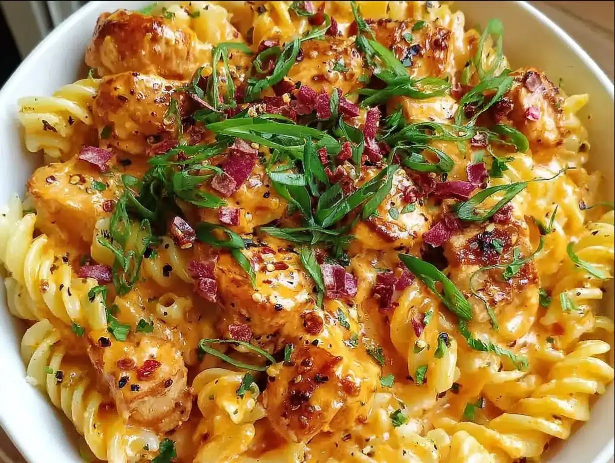 Creamy Spicy Buffalo Chicken Pasta Easy One-Pot Dinner Recipe 4 creamy spicy buffalo chicken pasta preparation steps