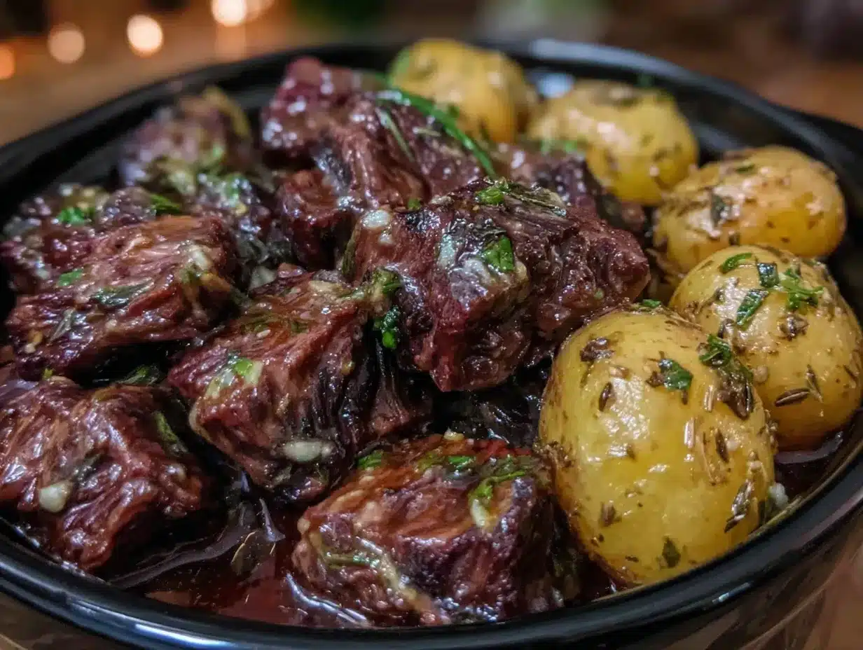 Crockpot Garlic Butter Beef Bites Recipe Easy Cozy Dinner Ideas with Potatoes 4 crockpot garlic butter beef bites preparation steps