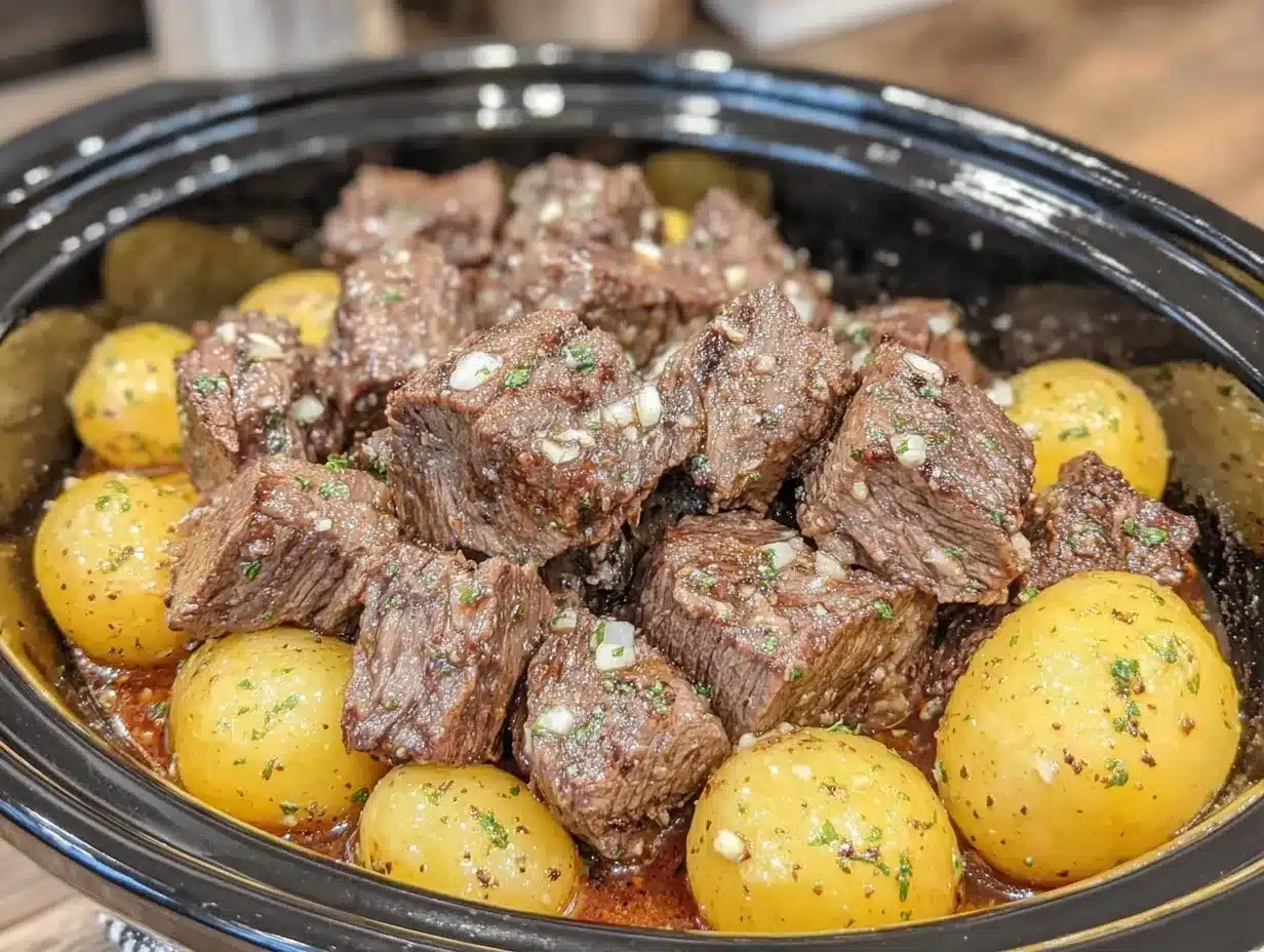 Crockpot Garlic Butter Beef Bites Recipe Easy Potatoes in 6 Hours 4 crockpot garlic butter beef bites preparation steps