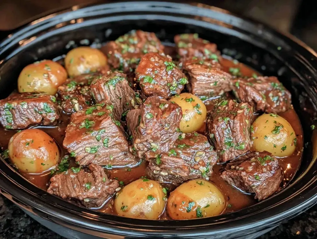 crockpot garlic butter beef bites with potatoes - featured image