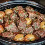 crockpot garlic butter beef bites with potatoes - featured image