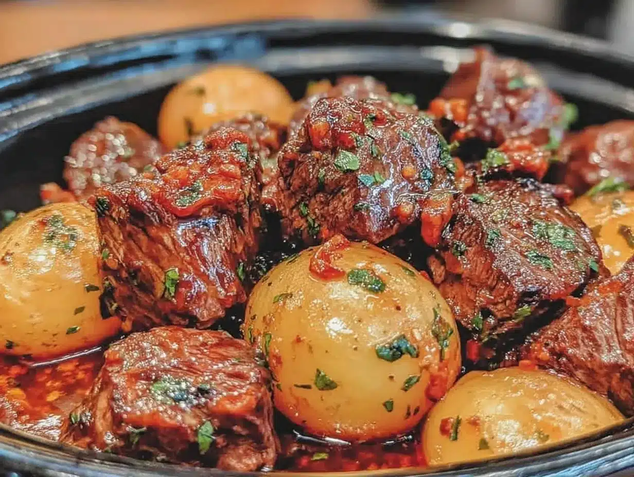 Crockpot Garlic Butter Beef Bites with Potatoes Easy Dinner Recipe 4 crockpot garlic butter beef bites with potatoes preparation steps