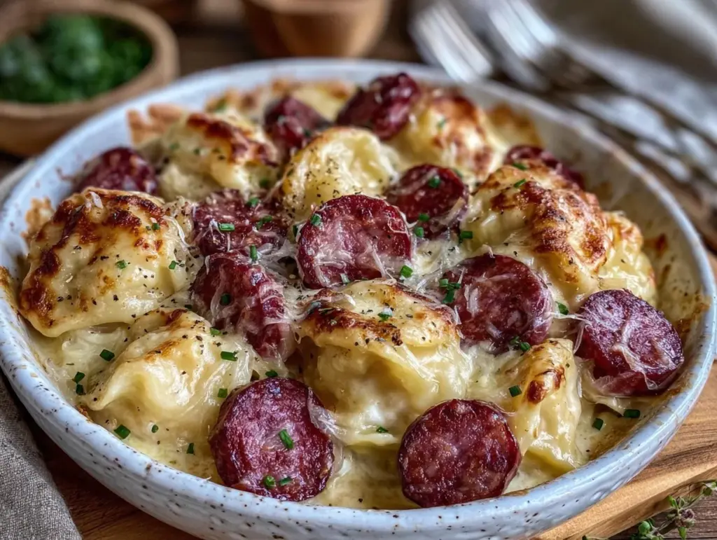 crockpot pierogi casserole with kielbasa - featured image