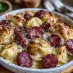 crockpot pierogi casserole with kielbasa - featured image